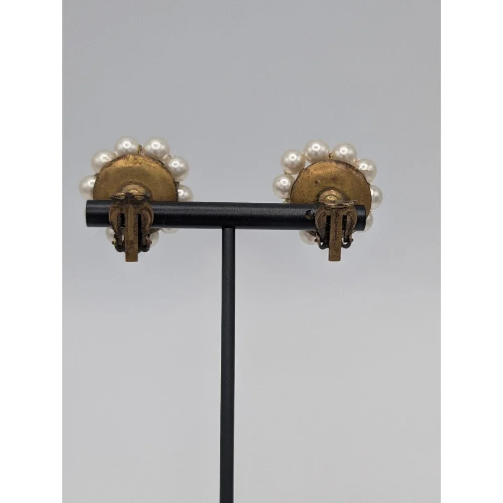 Vintage Faux Pearl Cluster Clip Earrings Brass Gold Tone MCM 1950s Japan Estate